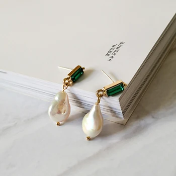 Large Baroque Pearl Drop Earrings for Women Geometric Genuine Freshwater Pearl Earrings Green Crystal Drop Earrings