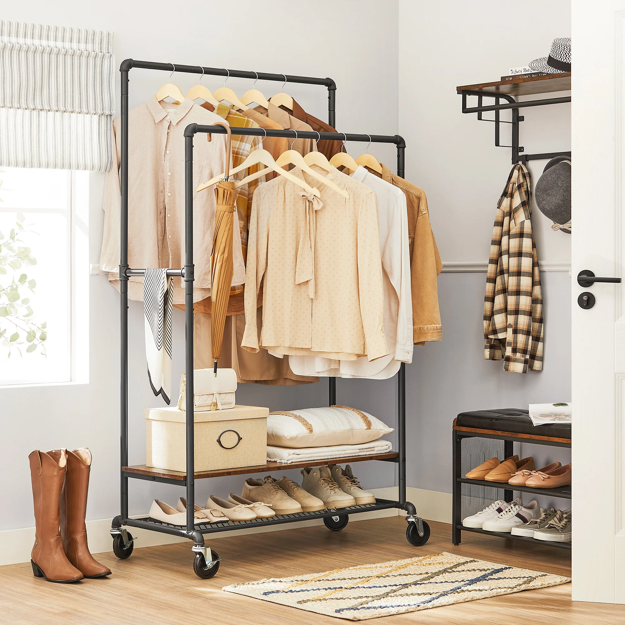 Industrial Design wood coat rack stand with Shoe Open Wardrobe Clothes Rail Rack clothes display rack for shop