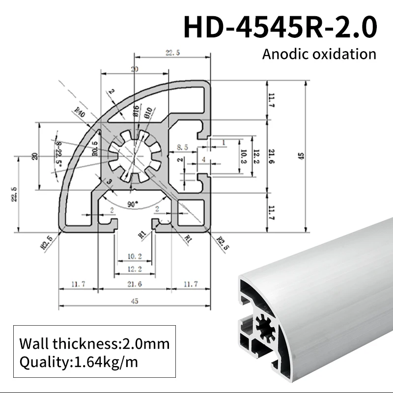 4545R Angle Extruded Aluminum Profile 4545 Semi-circular Industrial Aluminum Alloy Profile Type details