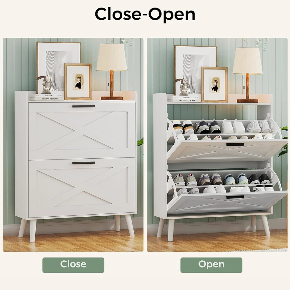 32\" Modern Farmhouse White Shoe Storage Cabinet 2 Flip Drawers Barn Door Design Adjustable Shelves Slim Narrow Shoe Rack supplier