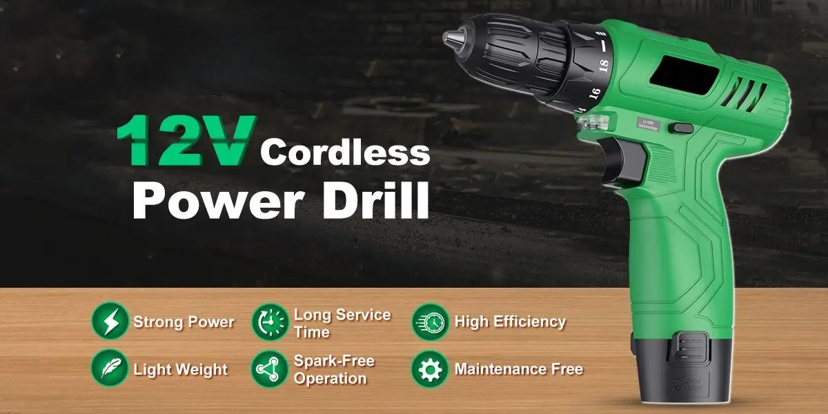 12V Li-ion Battery Cordless Drill Set, Electric Power Tools Screwdriver Drill