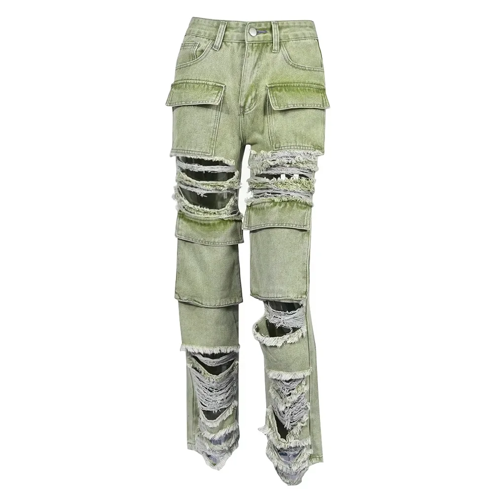 Fashion Pocket Stitching Hollowed-Out Hole Beggar Style Street Casual Straight High Waist Jeans supplier
