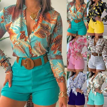Fast delivery new light mature long-sleeved printing stand-up collar temperament shirt women clothing blouse Shorts suits