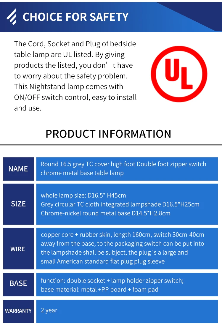 Gray lamp shade dual USB plug zipper switch iron cloth furniture table lamp