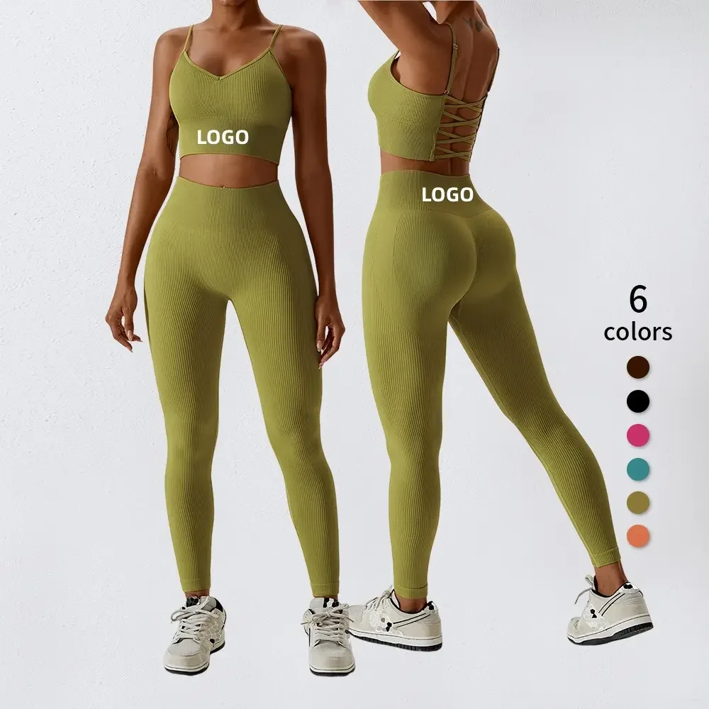 ODM/OEM New Sexy Training women Apparel Seamless Ribbed High Impacted Bra Scrunch Shorts Yoga Sets Fitness Sports Clothing set