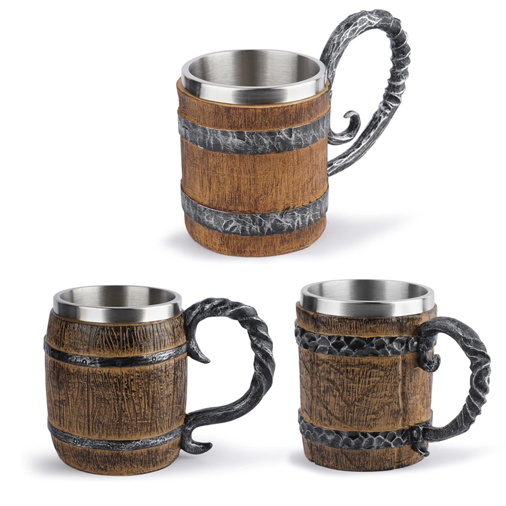 Viking Style Simulation Wooden Beer Mug Double Wall Drinking Cup Christmas Gift