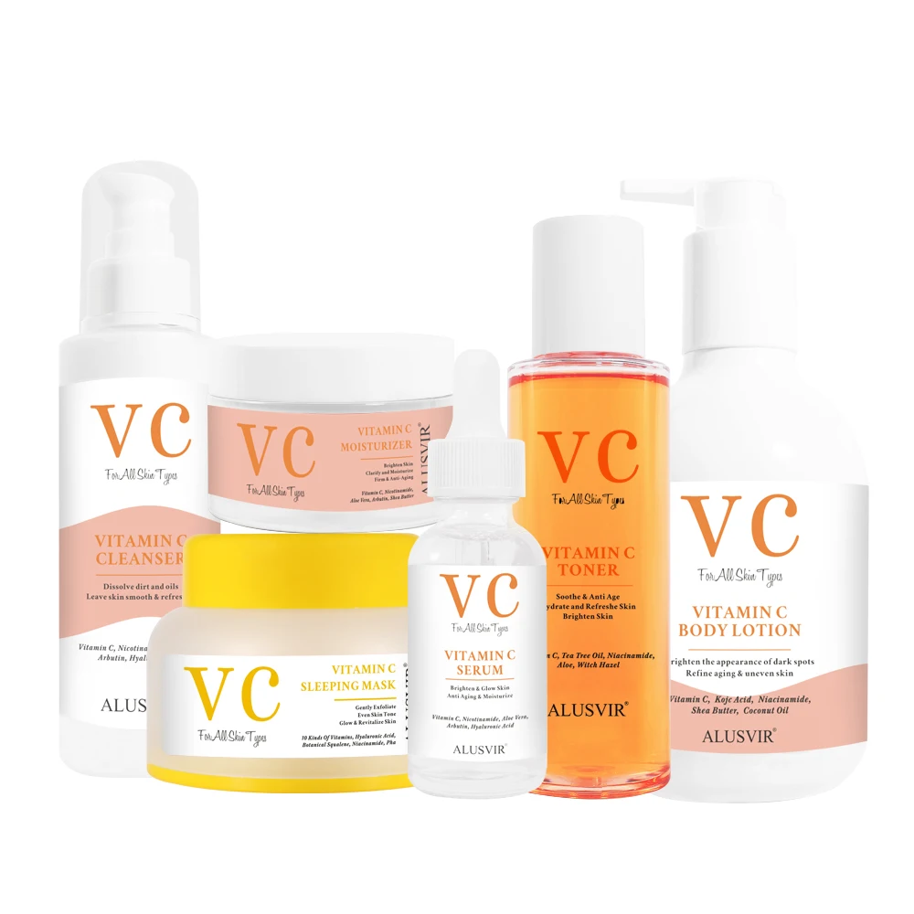 Vitamin C Skin Care Set Private Label Whitening Brightening Vc Face Wash Serum Facial Cream Body Lotion Sleep Mask Skincare Set
