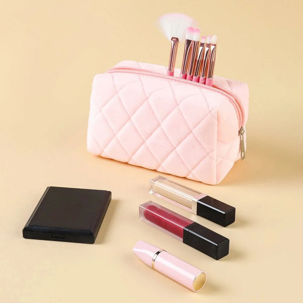 Women Zipper Soft Cotton Large Quilted Cosmetic Bag Pink Solid Color Cosmetic Bag Travel Make up Toiletry Bag details