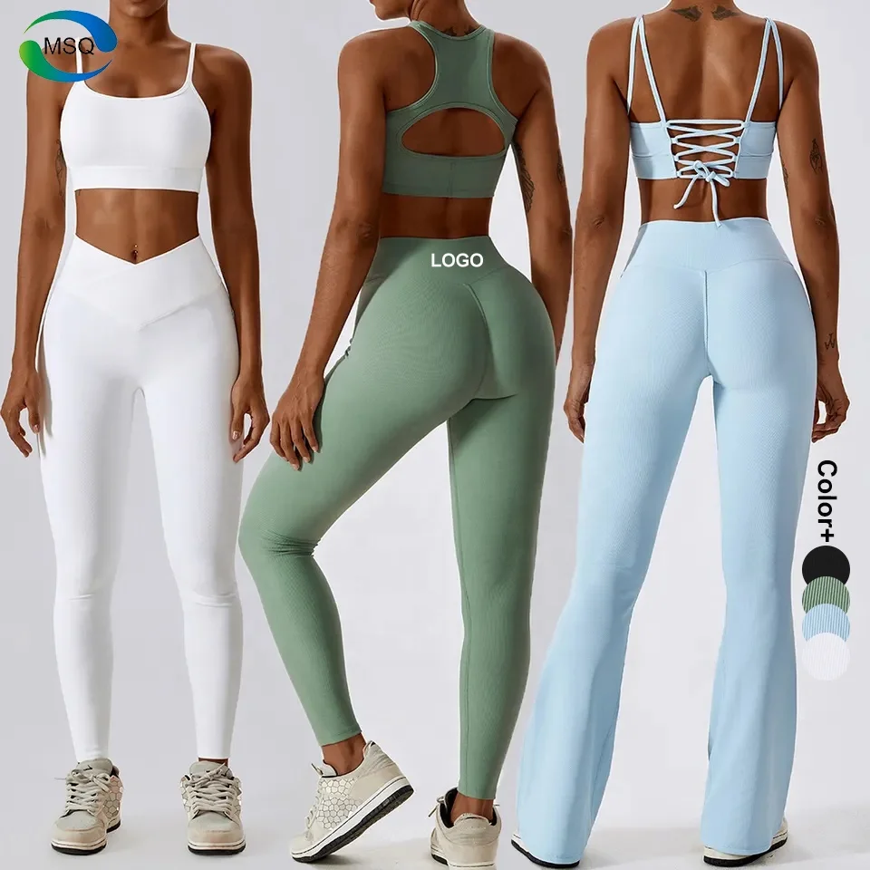 2023 Wear Custom Oem Logo High Support Sports Bra For Women Yoga Suit Set For Women Outdoor Flare Pants 4 pcs matching Rib Set