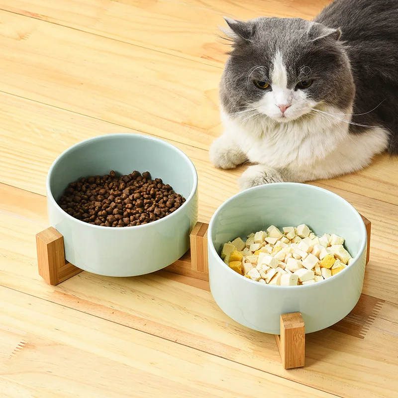 Wholesale Pet Cat Dog Ceramic Food Bowl With Raised Wooden Frame Multiple Colors Pet Feeder Ceramic Bowl