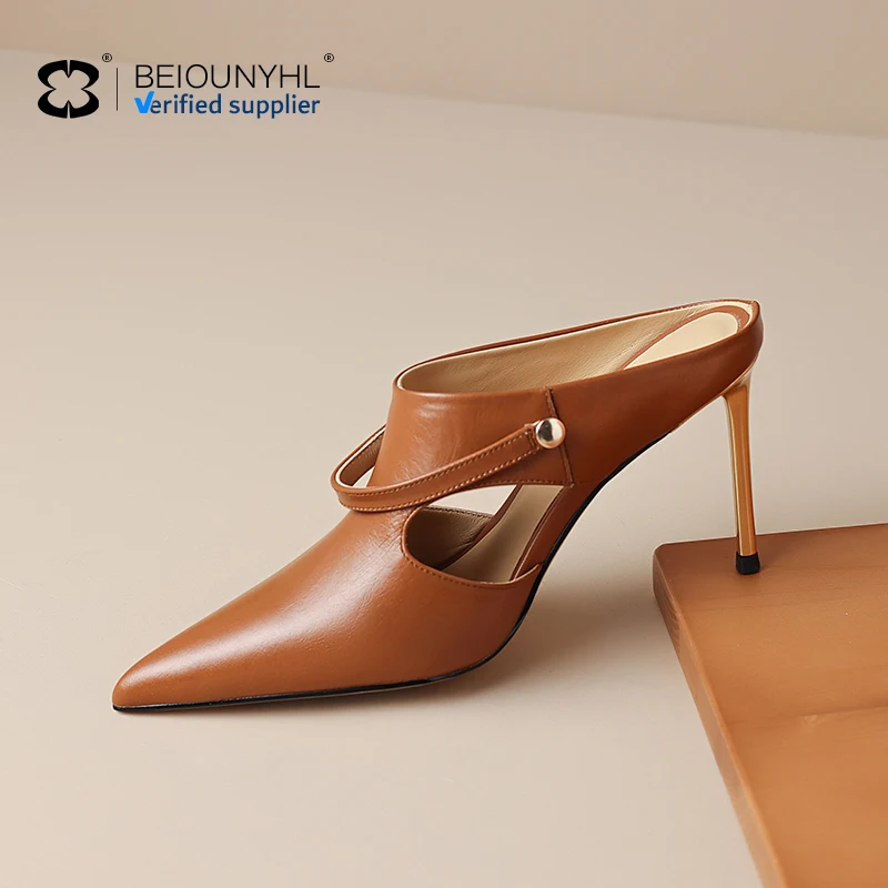 Sexy Elegant Office High Heels Pointy Sandals Slippers Genuine Leather Pointed Toe Stiletto Heel Pumps Mules For Women And Lady