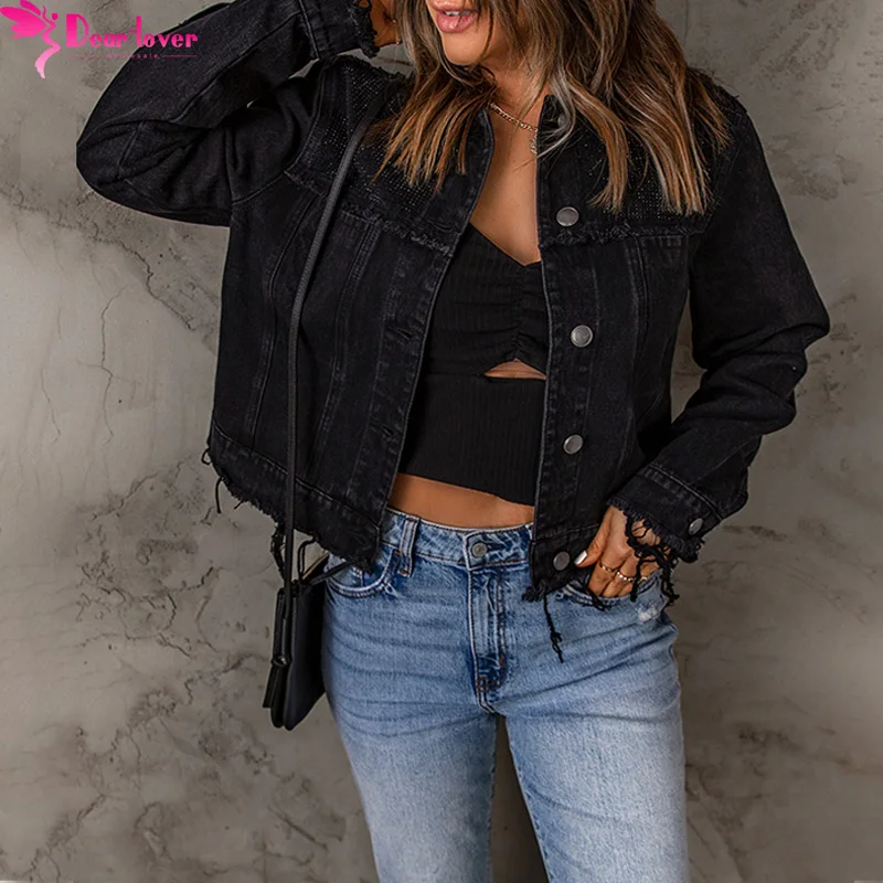 Dear-Lover Private Label Chaquetas Para Mujer Black Frayed Trim Button Down Jean Denim Jacket For Women