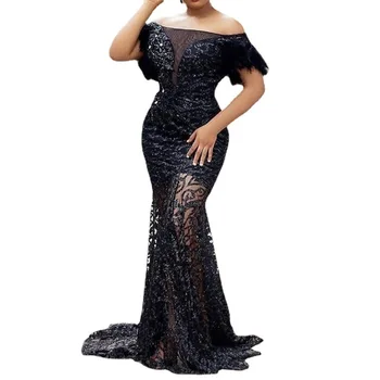 YQY8845 New Arrival Fashion Sexy Off Shoulder Sequins Elegant Mermaid Gown Sleeveless Ladies Slim Fit Black Evening Dresses