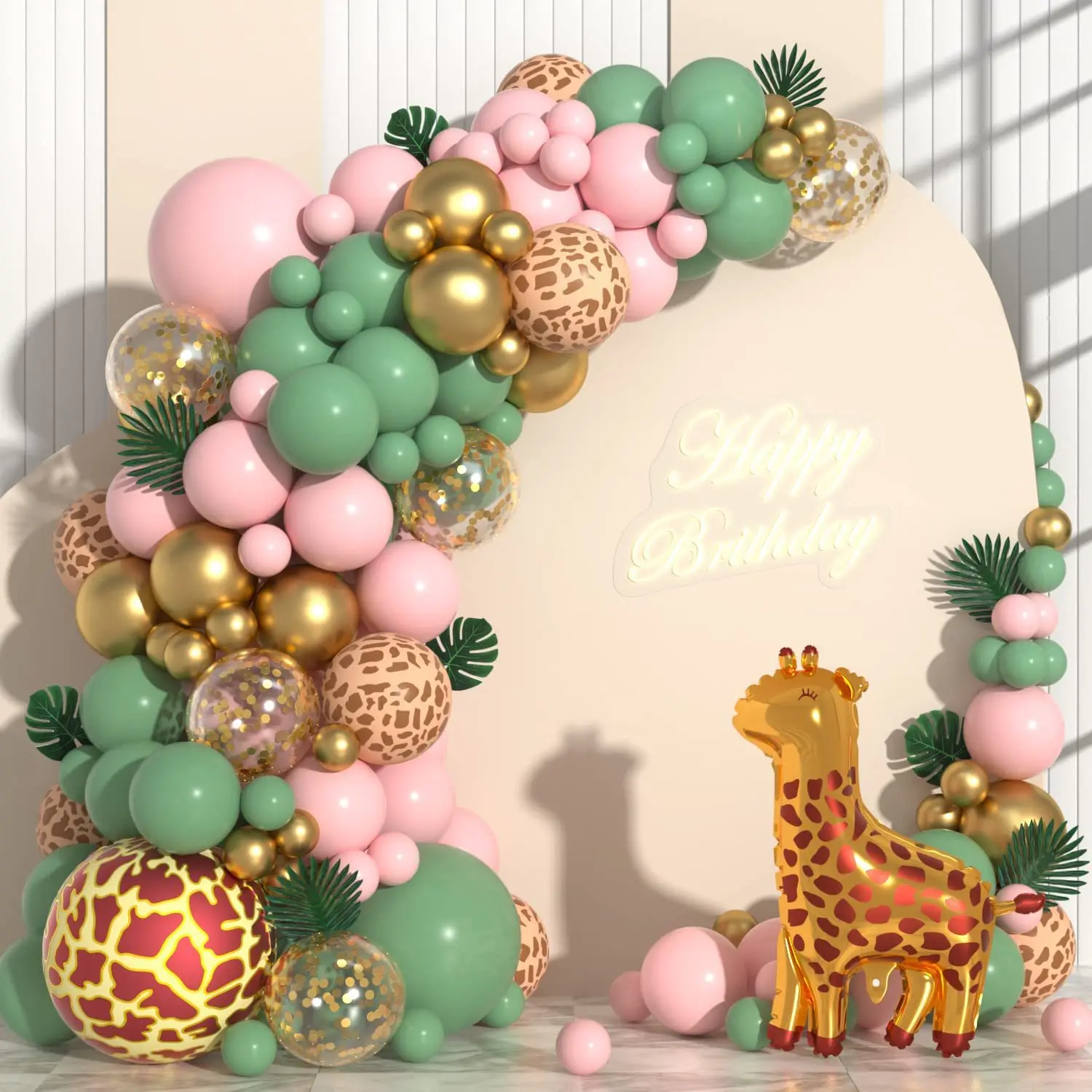 Vintage Green Pink Latex Balloon Giraffe Chain Garland Arch Children's Birthday Party Scene Setup Decoration