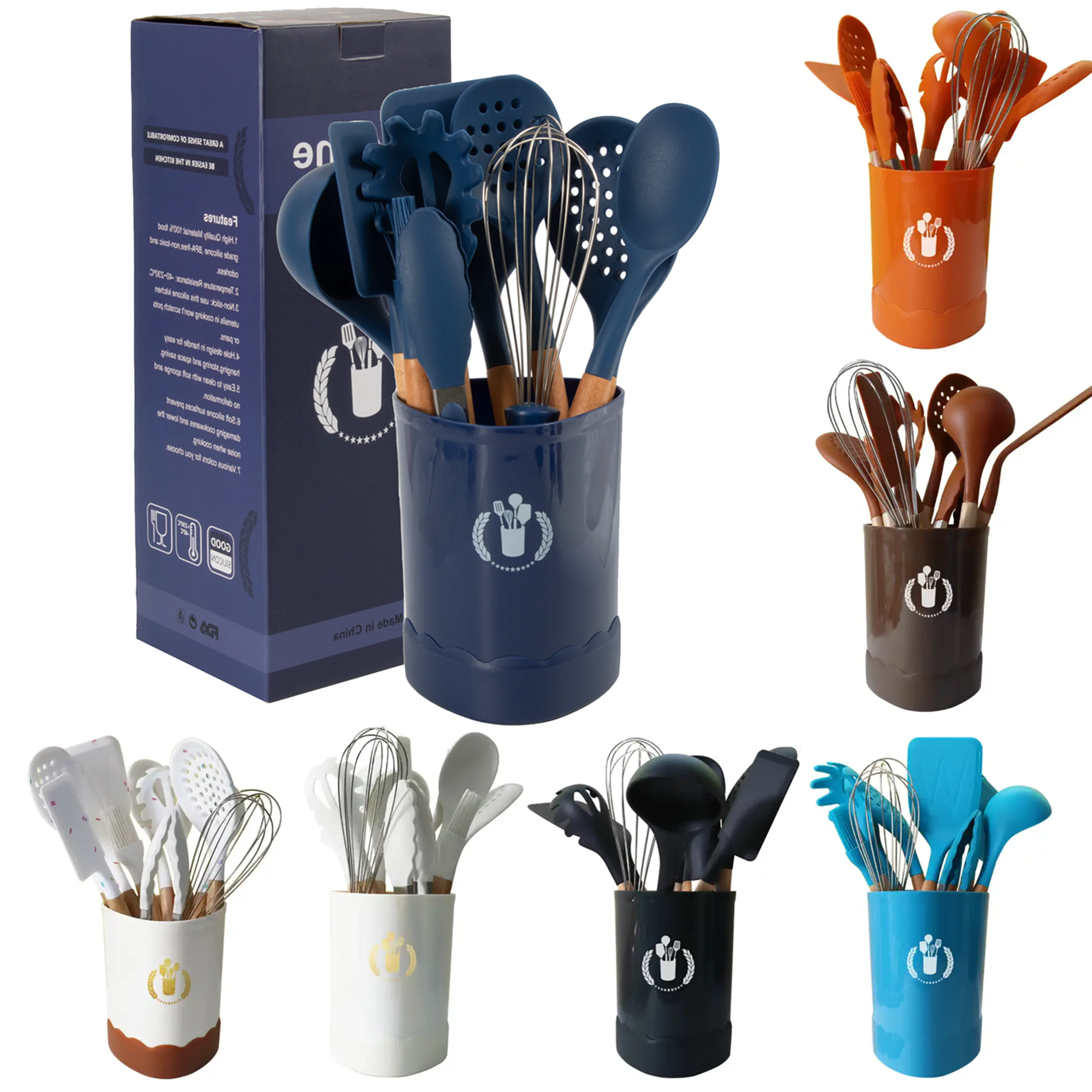 11 Pieces Heat Resistant Silicone Kitchen Accessories With Wood Handle In Full Utensil Set