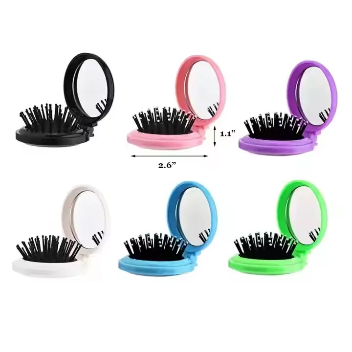 Hot Sale Portable Folding Mirror Comb Pocket Travel Hair Brush   Nylon Plastic Macaron Cartoon Color Children's Mirror Comb details