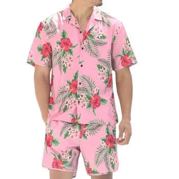 Fall print men's shirt button up short sleeve shorts sets matching breathable fashion casual Hawaii shirt man