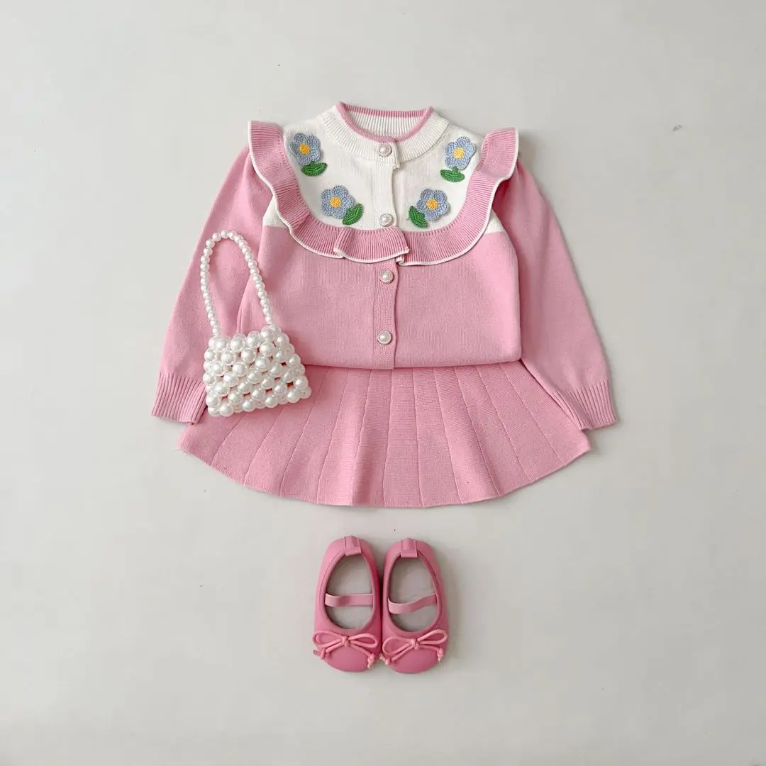 2023 RTS knitted Fall winter candy-color skirt two piece girls pure button sweater set boutique girls knitwear suits