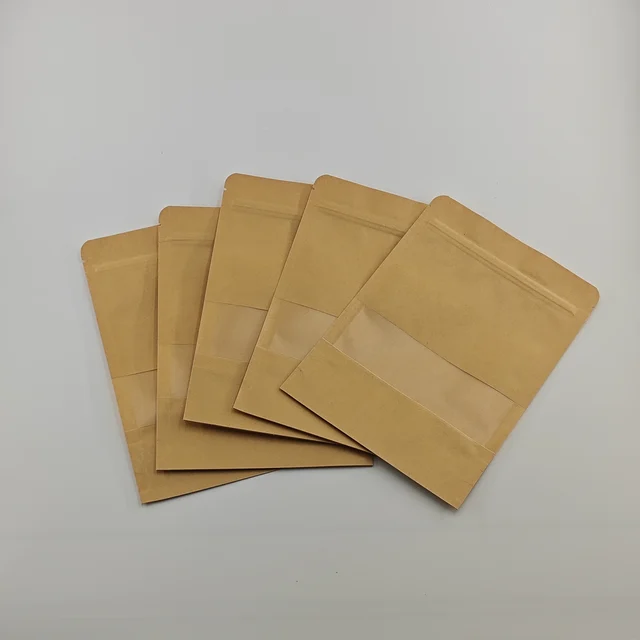 Customized Biodegradable Brown Kraft Paper Bags Recycled Stand Pouches Translucent Window Food Gravure Printing Clothing