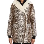 Winter Long Coat Winter Double-breasted Button Jacket Long Sleeve Faux Fur Leopard Print Overcoat Trench Coat