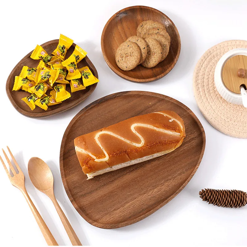 Home Decor Carved Large Natural Wood Plate Irregular Shape Walnut Wooden Food Serving Platter Trays