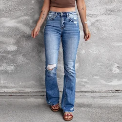 Dear-Lover 2023 Ladies Jean Manufacturers Blank Apparel Private Label Custom Logo Designer Distressed Ripped Flare Jeans Women