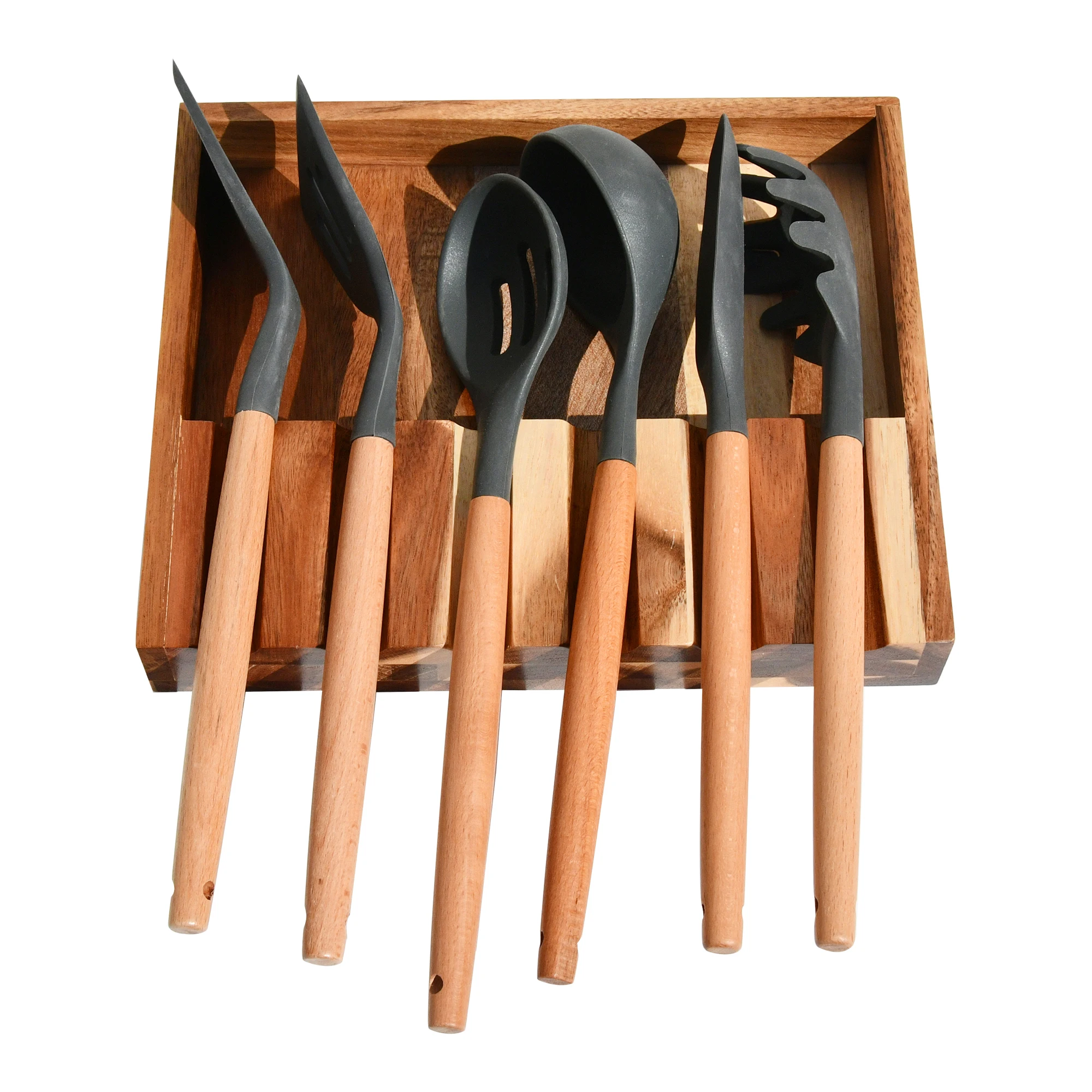Kitchen Cooking Storage Rack Acacia Wood Spoon Holder Bamboo Utensil Rest with Drip Pad for Multiple