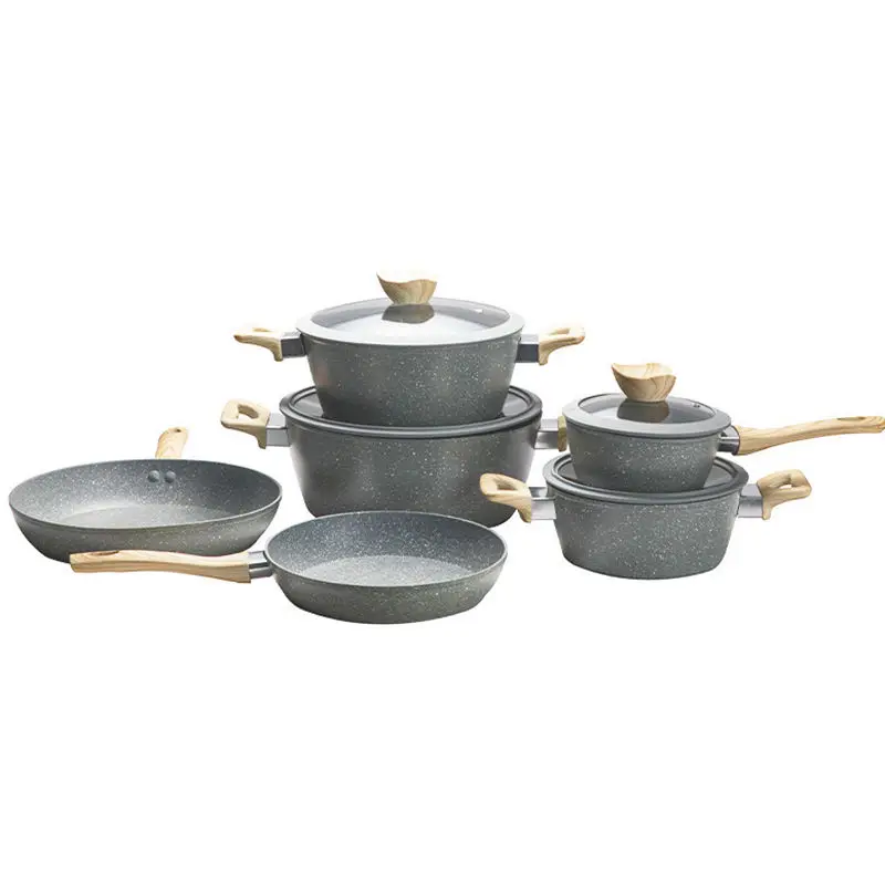 New 6 pcs non stick aluminum cookware set pots and pans frying pan set with wooden handle