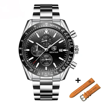 BENYAR Men Watches Classic Luxury Steel Band Wrist Watches Waterproof Quartz Chronograph Silver Watch Relogio Masculino BY-5140