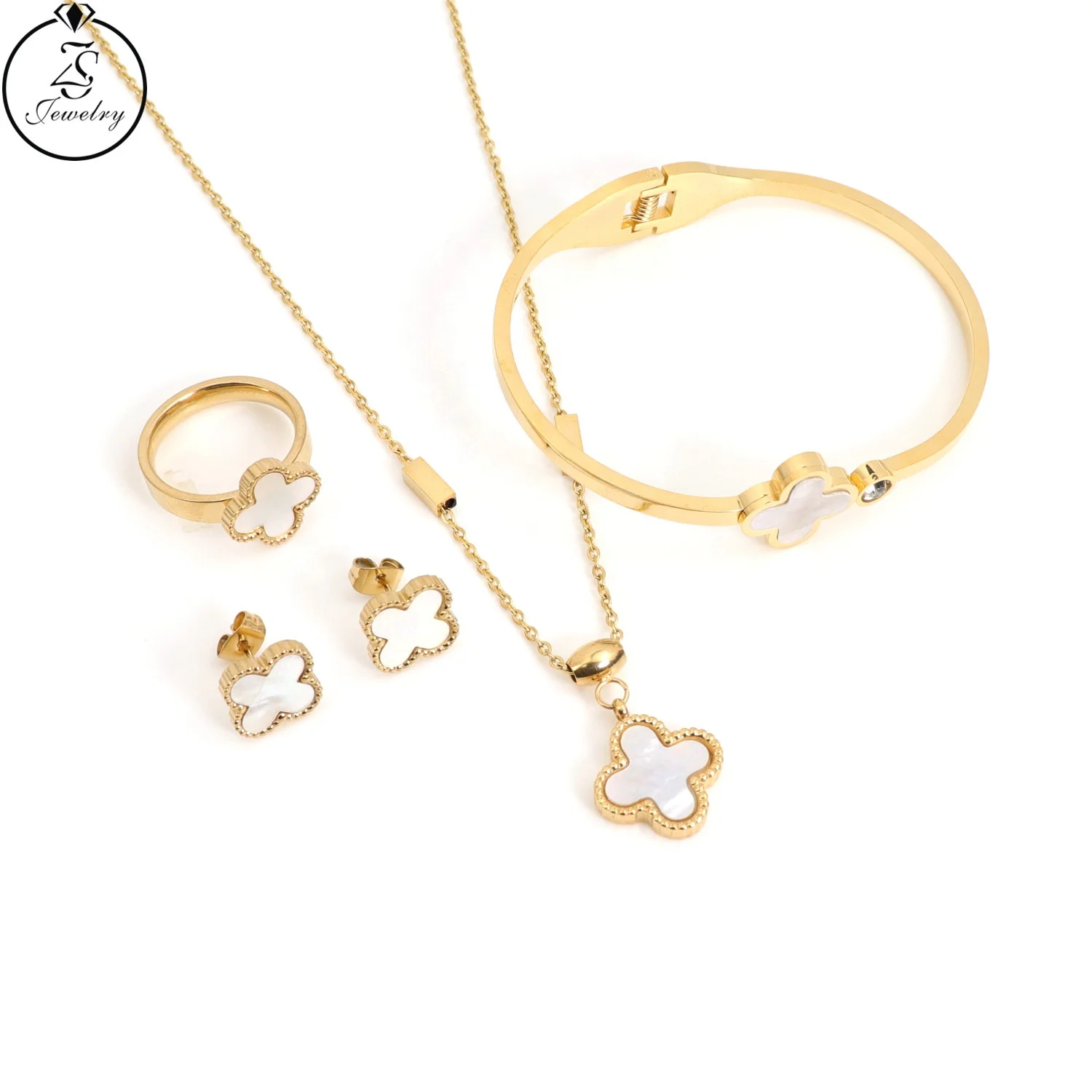 Bracelet &Earrings 3P White Mop Jewelry Gold Set Leaf Clover 20 Motif Necklace 