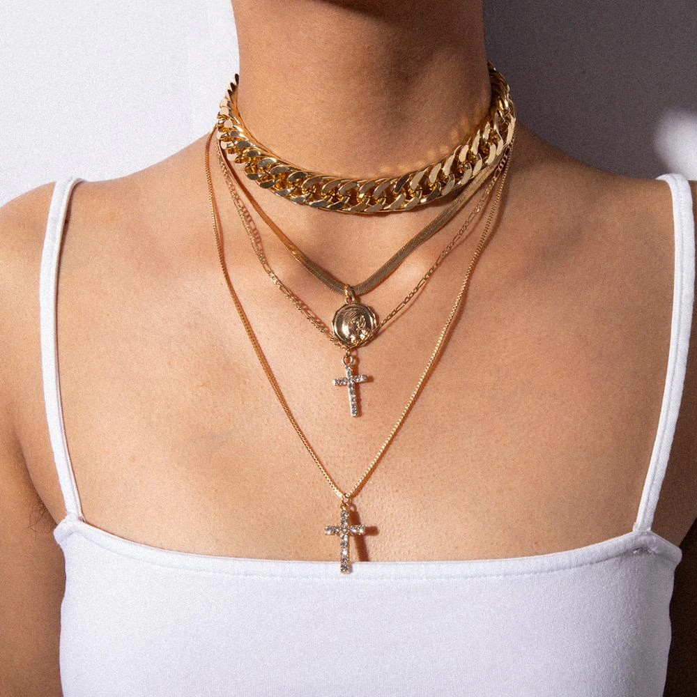 Women Crystal Multi-Layer Choker Collar Chunky Pendant Chain Necklace Jewelry 