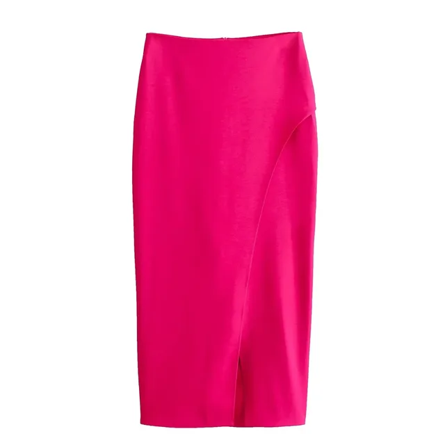 Rose red versatile temperament slit flute skirt elegant and casual gentle lady retro slim fit hip hugging mid length skirt