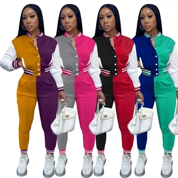 for custom wholesale casual female lady Color block buttoned panels long sleeved baseball uniform women two piece jacket set