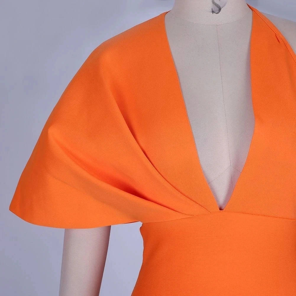 2022 Latest Lady With Black/orange  Elegant Asymmetrical Short Sleeve V Neck Backless Dresses Women Party Long Evening Dress
