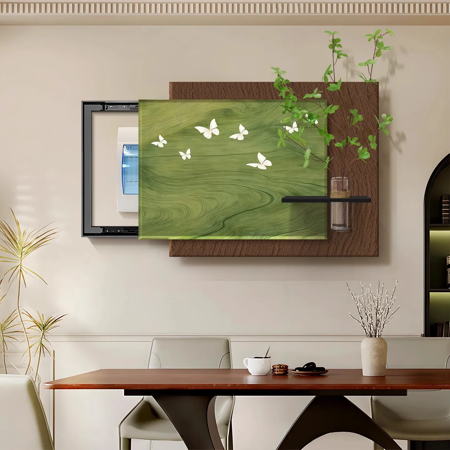 Green White Butterfly Wall Art Canvas Print Textured Wood Effect 3D Plant Shelf Minimalist Nature Home Decor Living Room