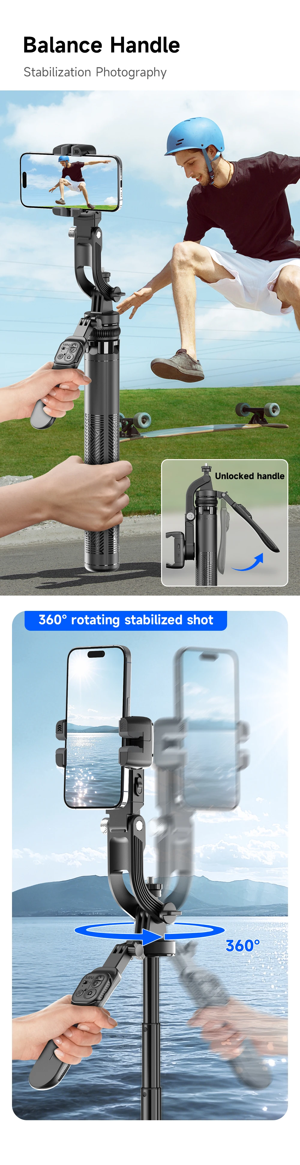C16 Intelligent AI Face Tracking 360 Rotating Single Axis Gimbal Stabilizer Aluminum Alloy Rod Quadrupod Selfie Stick Light 540g
