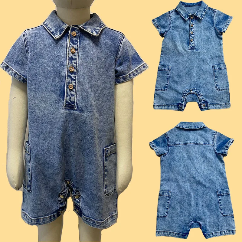 Custom Children Clothing Toddler Baby Boys Girls Short Sleeve Jeans Bodysuit Romper Infant Denim Button Up Jumpsuit With Pocket