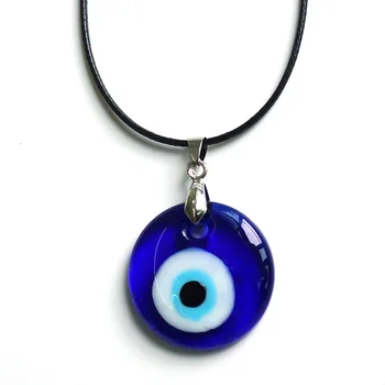 wholesale handmade blue evil eye flat round glass pendant necklace with leather cord chain