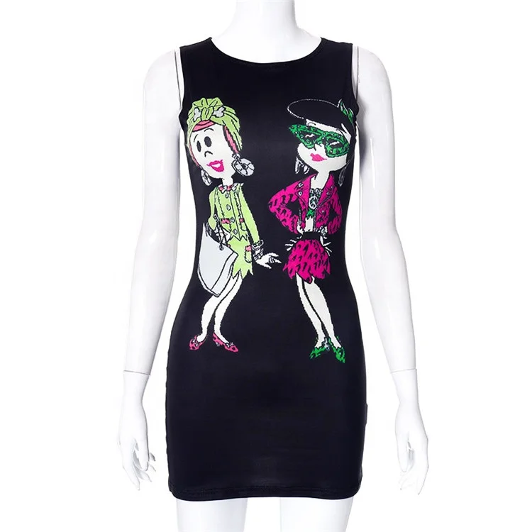 Sexy Black Mini Dresses Club Outfit For Women 2023 O Neck Sleeveless Printing Short Dresses