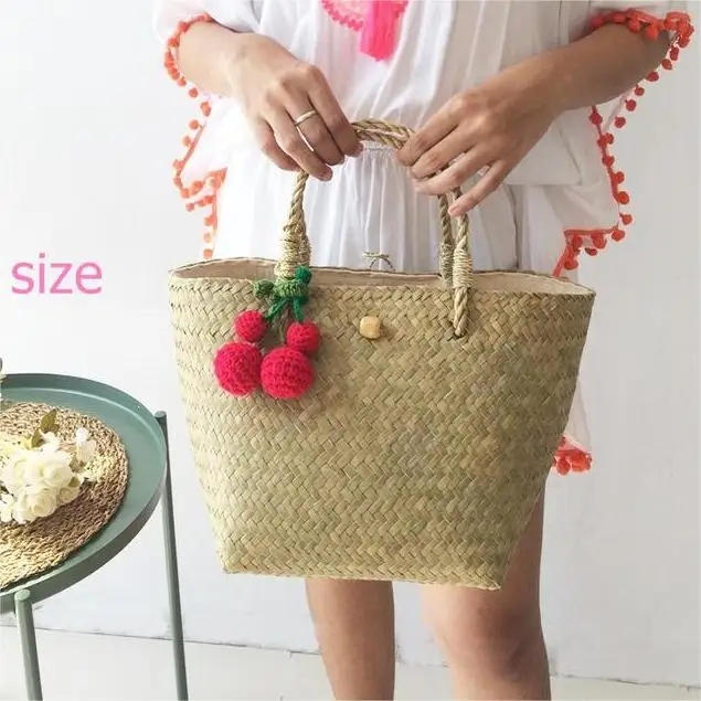 Plain Pom Pom Straw Bag Wholesale Summer Wicker Beach Tote Customized Bride Straw Beach Bags with Tassel