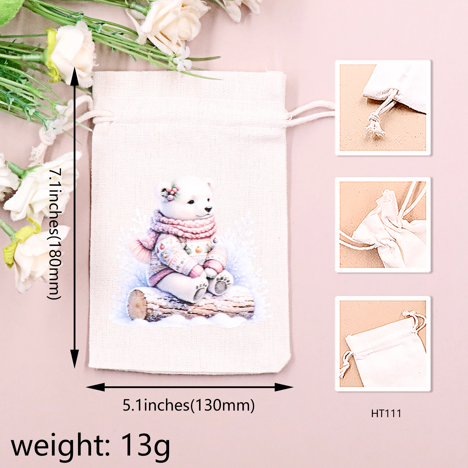 set of 2 - 13x18cm Cotton Drawstring Bag Lockstitch edge christmas Eco Friendly Gift And Favor Bag Sublimation snowman deer details