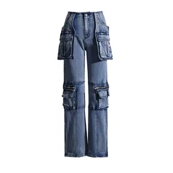 Big Pockets Patchwork Cargo Denim Pants Women 2023 Fashion High Waist Straight Wide Leg Jeans Harajuku Oversized Trousers