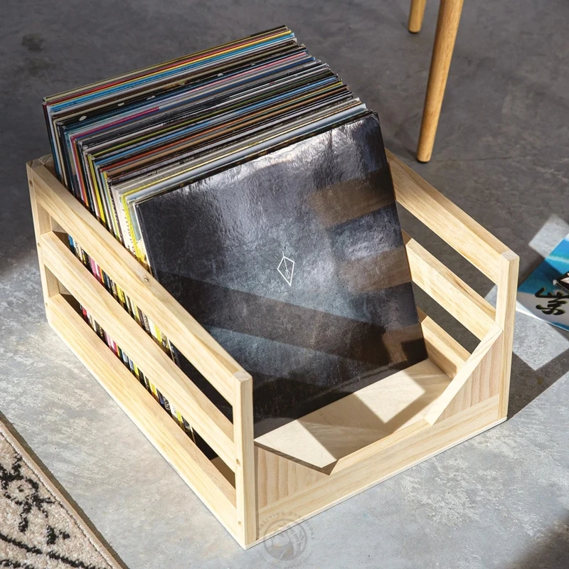 Bamboo Vinyl Record Storage Crate, Wooden Record Holder Stores up to 80 Albums