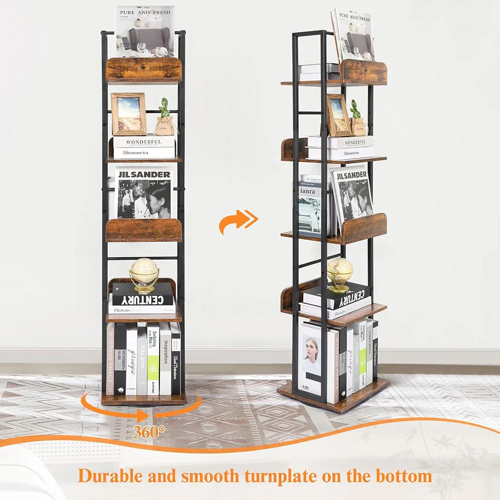 Modern 360 Display Spinning Ladder Shelf 5-Tier Narrow Tall Bookcase Small Corner Living Room Book Shelves manufacture