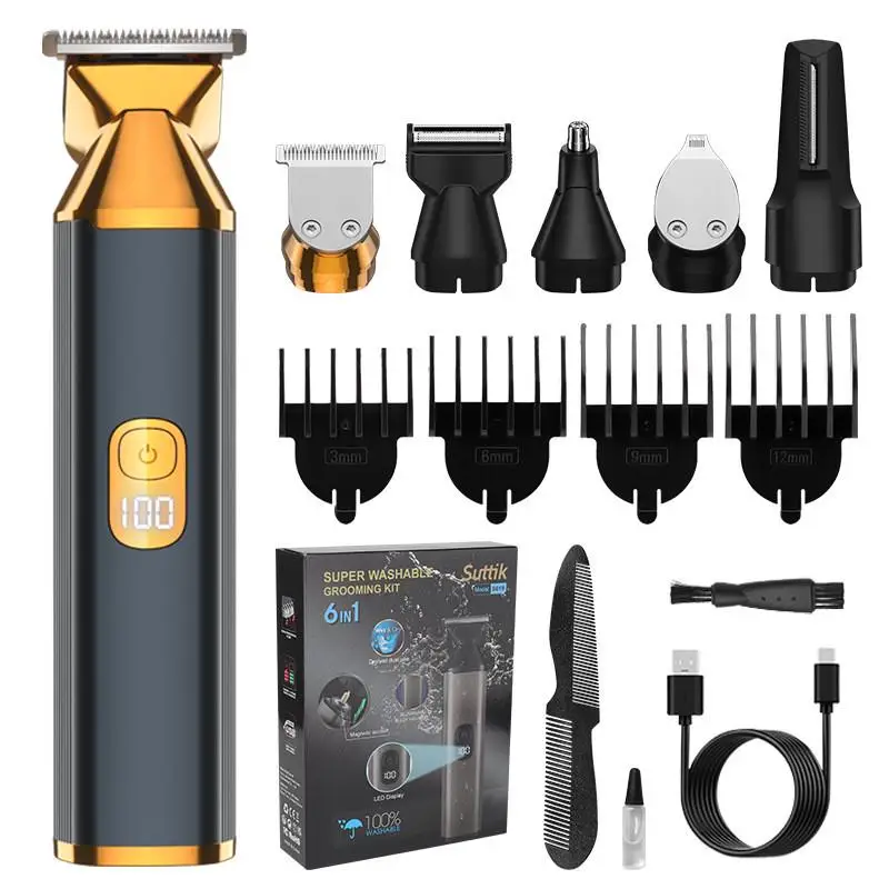 6 in 1 Multifunctional Electric Hair Clipper with IPX7 Waterproof and 1.5h Charging Time for Men's Grooming