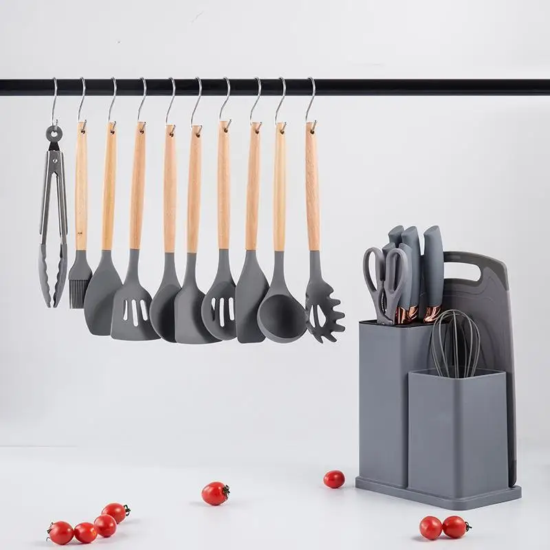 Multifunctional 19pcs Cookware Silicone Kitchen Utensils Set with wooden handle