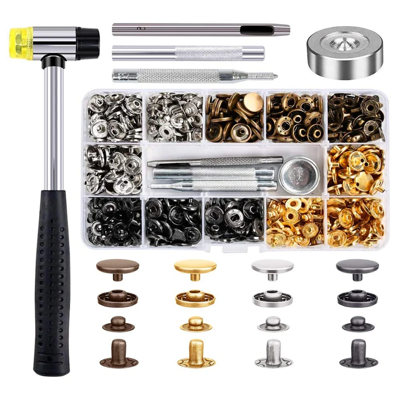 Snap Metal Fastener Kit Set Buttons Press Studs with Fixing Tools 4 Types Colour and Texture Brass Snap Button Set 4 Colour Press Studs Set for Leather Cloth Fabric 100Pcs