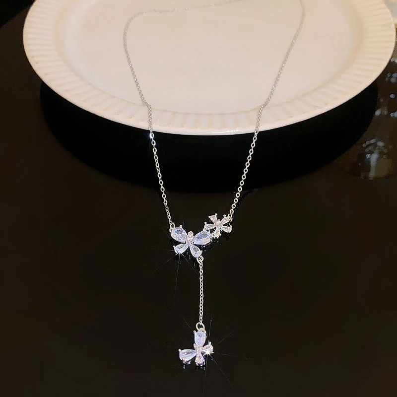 Hot sales in 2023 exquisite niche temperament long tassel zircon butterfly flower titanium steel fashion jewelry necklaces