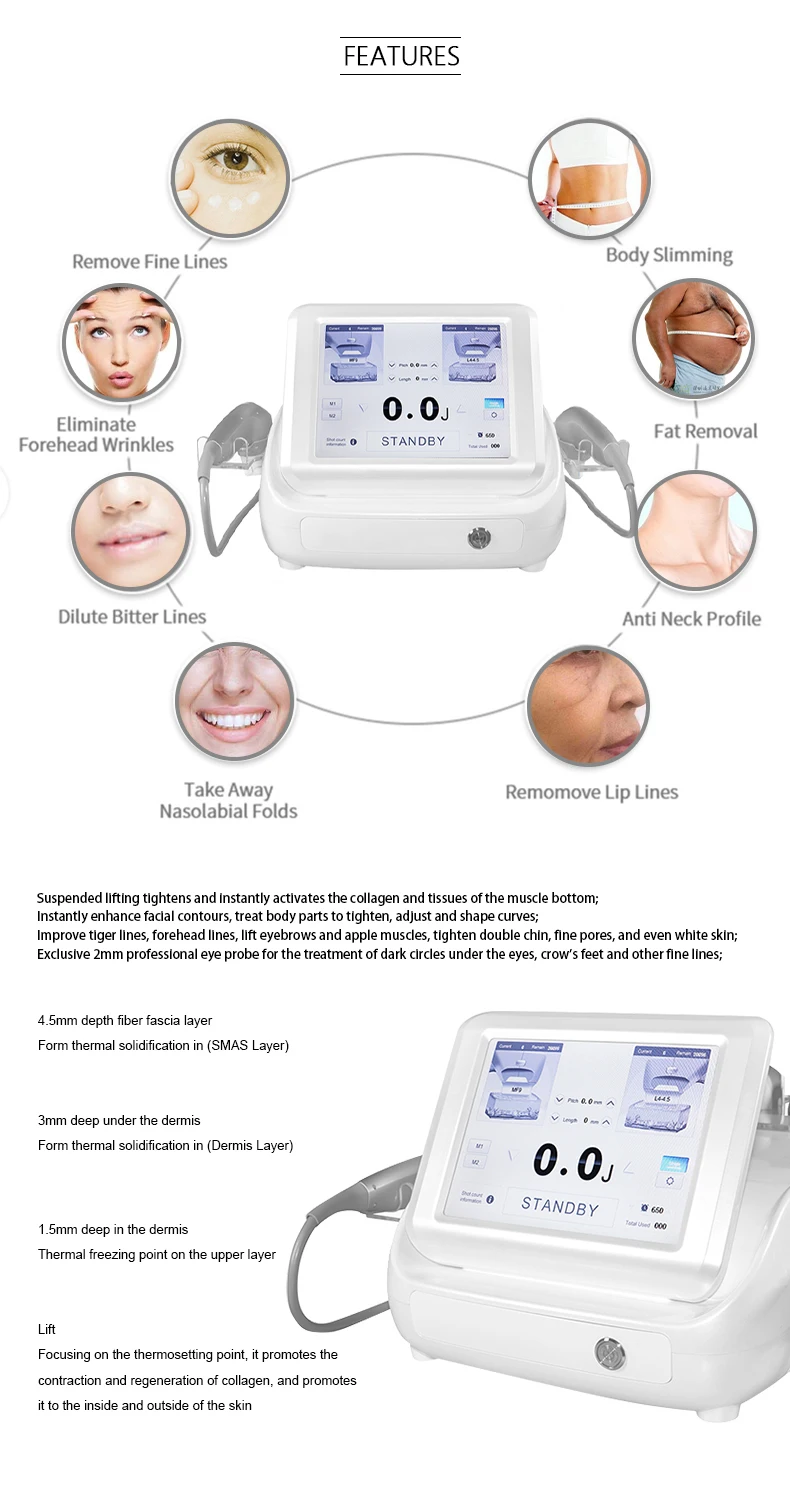 Best 7D HIFU Machine Professional MMFU For Sale 4 TECHNICAL SPECIFICATIONS <ul> <li>Power: 300W</li> <li>Voltage: 100V/110V/220V</li> <li>Energy output: 0.1J-2.0J</li> <li>Screen Size: 10.4 inches touch screen</li> <li>HIfu Cartridges: 1.5/2.0/3.0/4.5/6.0/8.0/10.0/13.0mm</li> <li>Cartridge Shots: 10,000 shots</li> <li>Dot distance: 1-2mm(Set unit 0.1mm)</li> <li>Frequency: 2MHz / 4MHz / 5.5MHz / 7MHz</li> <li><span class="attr-name J-attr-name" title="HIFU Length" data-spm-anchor-id="a2700.wholesale.0.i34.67a066f4kJ6h3j">HIFU Length: </span>5-25mm Adjustable</li> <li>Package Size: 55*54*37CM</li> <li>Package Weight: 17 kg</li> <li>ReturnPolicy: <b class="magic-5"><span style="color: #2196ed;">30 Days Money back guarantee</span></b> <a href="http://tattoosemi.com/refund_returns" data-sm="true">Return Policy</a></li> <li>ShippingDetails: <b class="magic-5"><span style="color: #2196ed;">FREE SHIPPING fast delivery</span></b> <a href="https://tattoosemi.com/shipping-policy" data-sm="true">Shipping policy</a></li> </ul> Best 7D HIFU Machine Professional MMFU For Sale