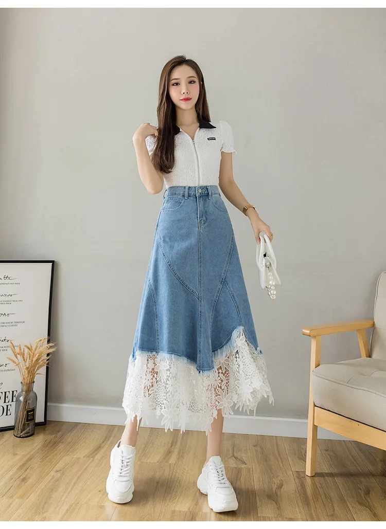 Real Shot A-line High-waisted Spring/autumn New Style Lace Chic Mid-length Umbrella Skirt Denim Washed Skirt Women Quick manufacture